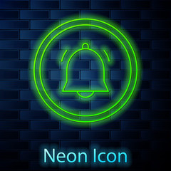 Glowing neon line Circle button and chat notification icon isolated on brick wall background. New message, dialog, chat, social network notification. Vector Illustration