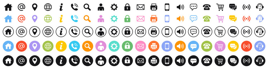 Aufkleber - Set of 100 Business Card icons. Name, phone, mobile, location, place, mail, fax, web. Contact us, information, communication. Vector illustration
