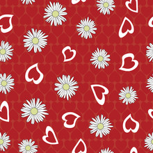Vector White Yellow Daisy Flowers With Valentine Hearts On Red Background Seamless Repeat Pattern. Background For Textiles, Cards, Manufacturing, Wallpapers, Print, Gift Wrap And Scrapbooking.