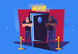 © Leonid - Vector illustration of two security guards standing at the entrance to a slightly open door to a night club, a barrier in front of the entrance, face control