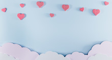 Light Blue Background With Paper Clouds And Pink Hearts. Valentine's Day And Baby Birth Background Concept. Kids Birthday Background. Mother Day Background. Mockup, Template