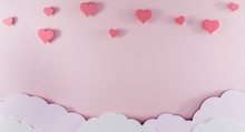 Light Pink Background With Paper Clouds And Pink Hearts. Valentine's Day And Baby Birth Background Concept. Kids Birthday Background. Mother Day Background. Mockup, Template