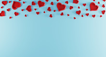 Valentines Day Light Blue Background With Red Hearts On Top. Valentines Day Concept. Top View. Romantic Background Concept. Valentines Day Mockup, Template