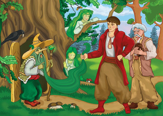 Ukrainian folk tale about sorcerer Oh. Children's fabulous illustration, suitable for puzzles and decorations. Evil magician or gnome with green beard, boy hero, mermaids, old man. Fairy forest.