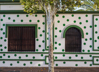 fachada con dos ventanas de madera lunares verdes y árbol delante