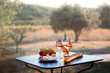 Bottle of rose wine and two full glasses of wine on table in heart of Provence, France with french bread, cheese, ham, grapes and peaches with olive trees on background