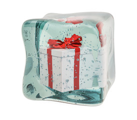 Poster - gift box frozen in ice cube, 3d rendering