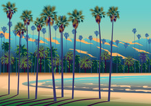 A Tropical Beach In California With Palm Trees, Ocean, And Mountains In The Background.