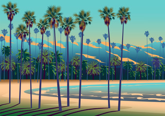 Wall Mural - A Tropical beach in California with palm trees, ocean, and mountains in the background.