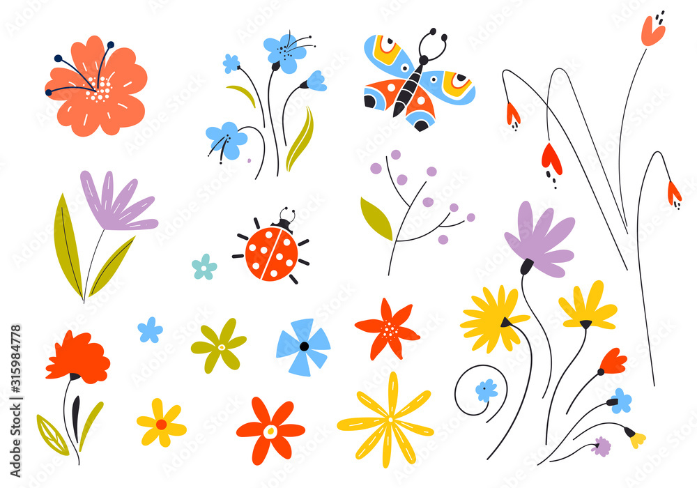 Set of vector multicolored spring flowers. Decorative easter elements in a flat style. Leaves of branches and plants. Floral elements. - obrazy, fototapety, plakaty 