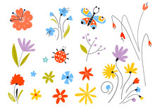 Set Of Vector Multicolored Spring Flowers. Decorative Easter Elements In A Flat Style. Leaves Of Branches And Plants. Floral Elements.