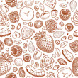 © Maria - Granola seamless pattern. Balanced diet. Engraved style illustration. Various berries, fruits, nuts and honey. Vector illustration