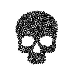 Painting skull flowers isolated on black, black symbol.