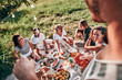 © HBS - A happy group of teenage friends sitting on blanket in the park drinking beer and eating their lunch