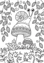 Doodle Coloring Book Page Snail On Mushroom. Antistress For Adult.