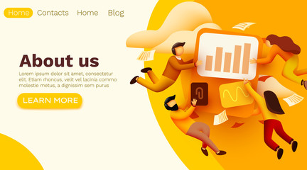 Small 3d flying people around business solution elements working together. Teamwork concept.