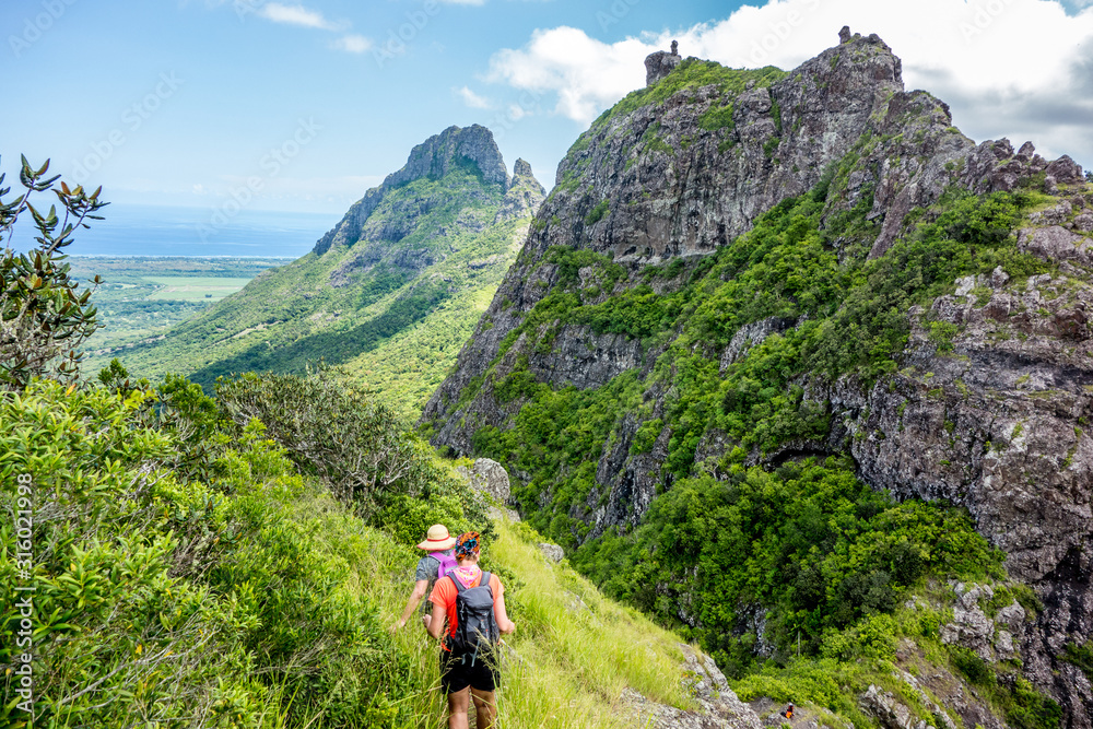 Walking in Trois Mamelles mountains in central Mauritius tropical island - obrazy, fototapety, plakaty 