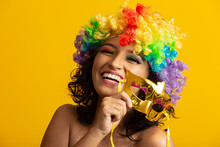 Beautiful Woman Dressed For Carnival Night. Smiling Woman Ready To Enjoy The Carnival With A Colorful Wig And Mask