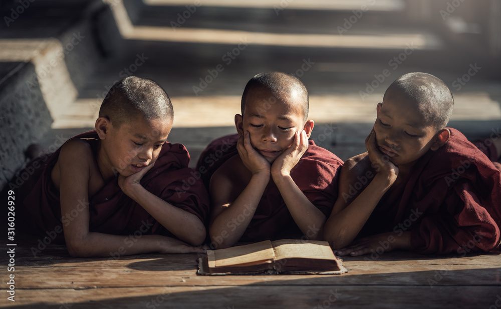 Novice monk reading book,in monastery, Bagan, Myanmar - obrazy, fototapety, plakaty 