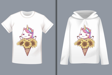 Wall Mural - Ice cream cone unicorn with sunflower pattern on white short-sleeved T-shirts and white long-sleeved hoodies,  Vector.