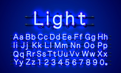 Sticker - Neon light color blue font. English alphabet and numbers sign.