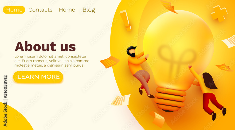 3d Business People with Big Light Bulb Idea. Innovation, Brainstorming, Creativity Concept. Website Landing page. - obrazy, fototapety, plakaty 