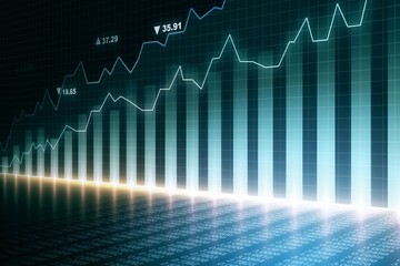 Poster - Close up of financial chart on dark background with reflections, trading concept. 3D Rendering
