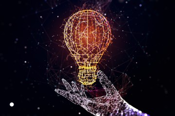 Poster - Digital illustration of hand holds a light bulb symbol, idea and creative concept. 3D Rendering