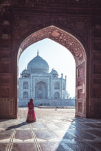 Woman In Red Saree/sari In The Taj Mahal, Agra, Uttar Pradesh, India