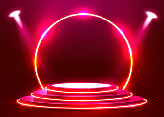 Abstract round podium illuminated with spotlight. Award ceremony concept. Stage backdrop.