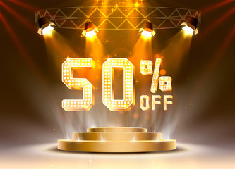 Wall Mural - Scene golden 50 sale off text banner. Night Sign.