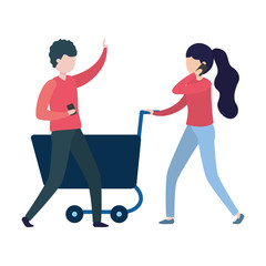 Sticker - couple with smartphone and shopping cart