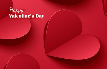 Poster - happy valentines day greeting cards with paper hearts on red pastel background.