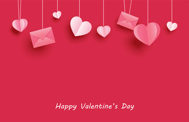 Poster - happy valentines day greeting cards with paper hearts hanging on red pastel background.