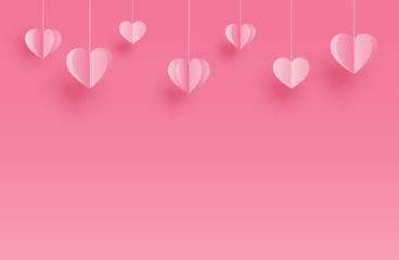 Poster - happy valentines day greeting cards with paper hearts hanging on pink pastel background.
