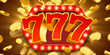 Jackpot 777 sign with gold realistic 3d coins background.