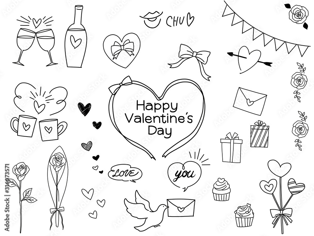 Image vectorielle Stock バレンタインデー おしゃれ 手描き 線画 素材