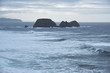 Winter waves roll past sea stacks on the Oregon coast