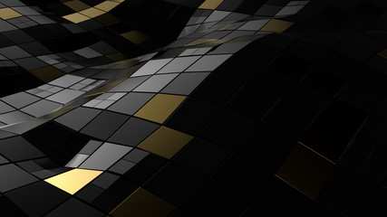 Poster - 3d render of dark wavy surface segmented into squares. Dark and gold segments. Deformed wavy modern background.