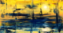 Abstract Art Landscape Painting, Background Illustration. Sunset Grunge Artwork On Canvas . Oil Painted Fine Art. Yellow Hand Drawn Wall Art With Water Reflection