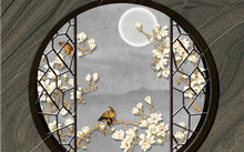 3d Illustration, A Round Window In A Wooden Wall, White Magnolia Flowers And A Full Moon