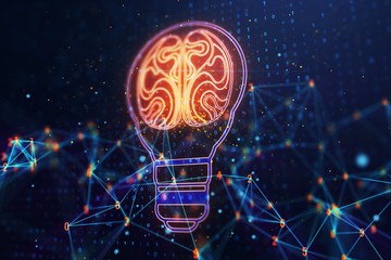 Poster - Light bulb symbol with brain, idea and solution concept. 3D Rendering