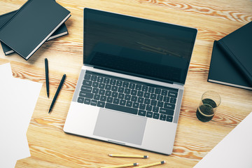 Poster - Top view of desktop with laptop and work accessories, mockup. 3D Rendering