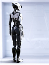 3D Rendering Of A Female Android Robot With Back Against Camera.