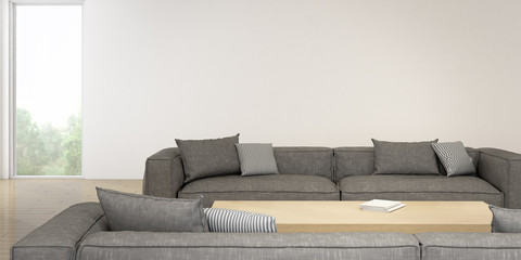 Poster - Perspective of modern living room with timber table and grey sofa on nature background. 3D rendering.