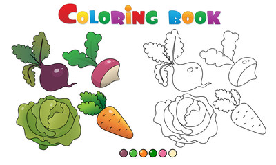 Wall Mural - Coloring Page Outline of cartoon vegetables. Cabbage, carrot, beet and radish. Coloring book for kids.