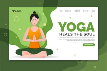Wall Mural - Yoga heals the soul landing page template. Woman doing sukhasana or lotus pose. Web page design for website and mobile website