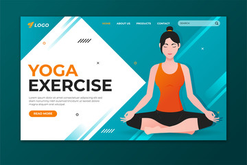 Wall Mural - Yoga exercise landing page. Woman doing lotus pose. Web page design for website and mobile website