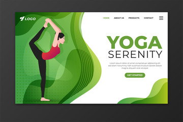 Wall Mural - Yoga serenity landing page template. Woman doing king dancer (Natarajasana) pose. Web page design for website and mobile website