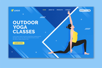 Wall Mural - Outdoor yoga classes landing page. Woman doing low lunge (anjaneyasana) pose. Web page design for website and mobile website